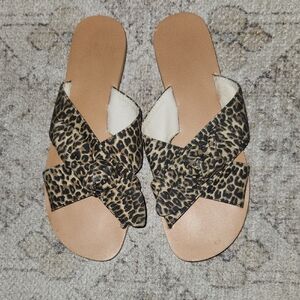 Leopard Print Cross-Band Slide Sandals - Tan/Black